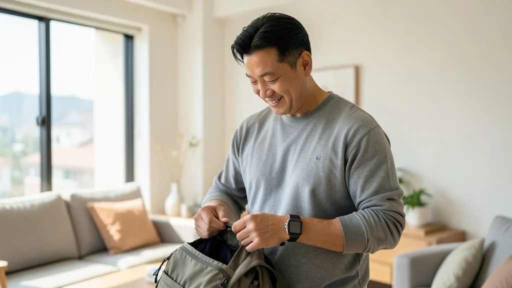 스마트워치를 착용한 40대 한국 남성의 상반신 모습