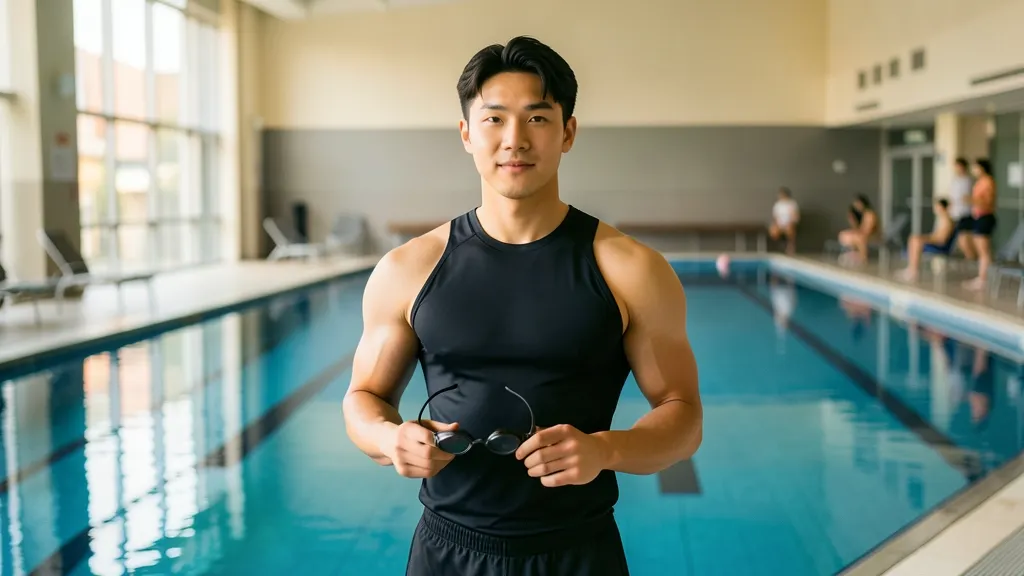 실내 수영장 배경에서 수경을 들고 있는 한국인 남성