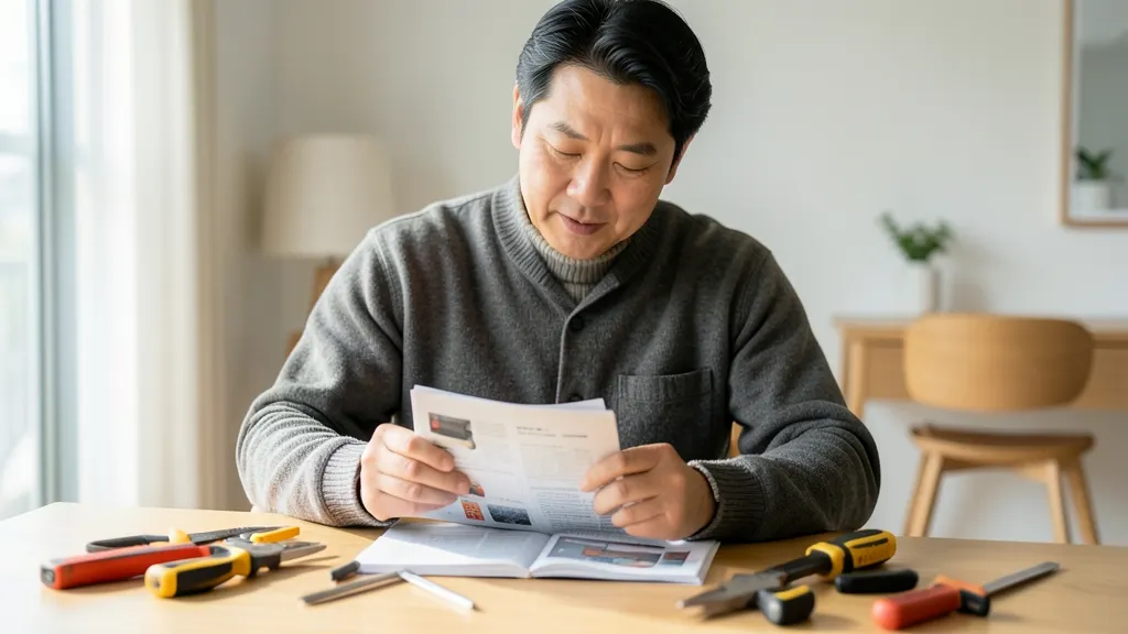 실내 테이블에서 제품 설명서를 보며 시공 조건을 확인하는 한국인 남성.