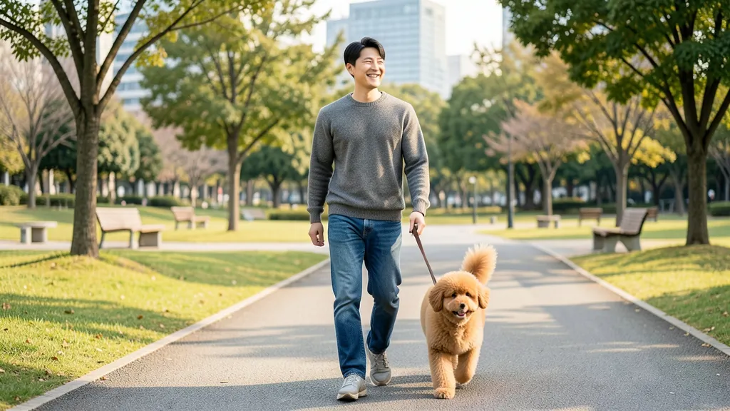 야외 공원에서 반려견 산책용 목줄을 착용하고 산책하는 한국인 남성