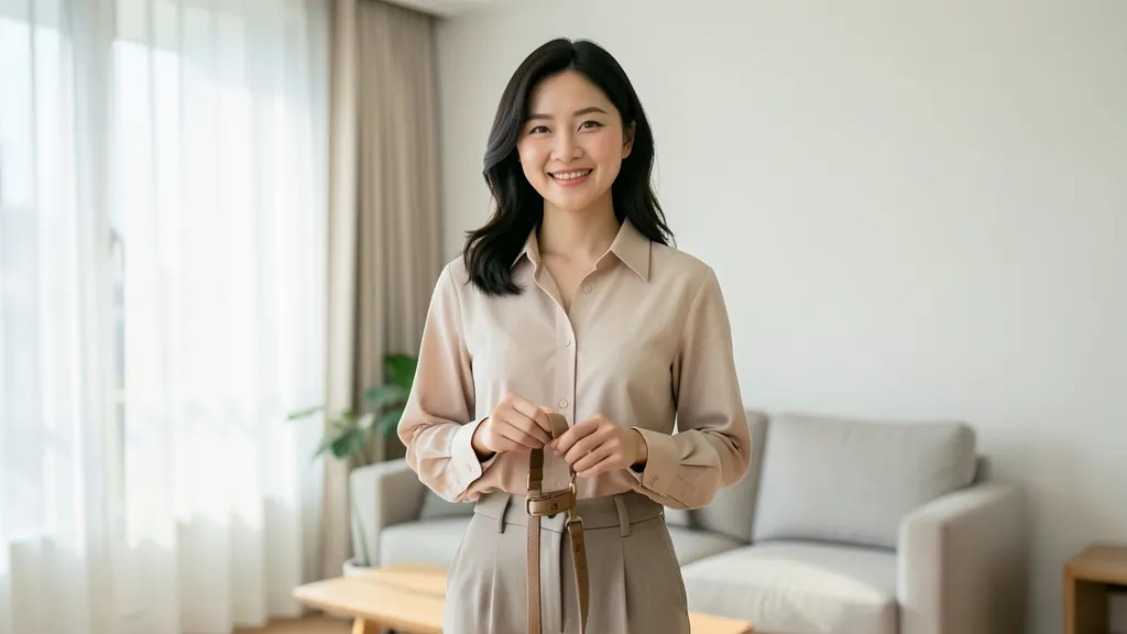 거실에서 반려견 산책용 목줄과 리드줄을 들고 있는 한국인 여성