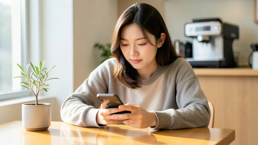 카페 테이블에 앉아 스마트폰으로 일정을 확인하는 한국인 여성의 모습.