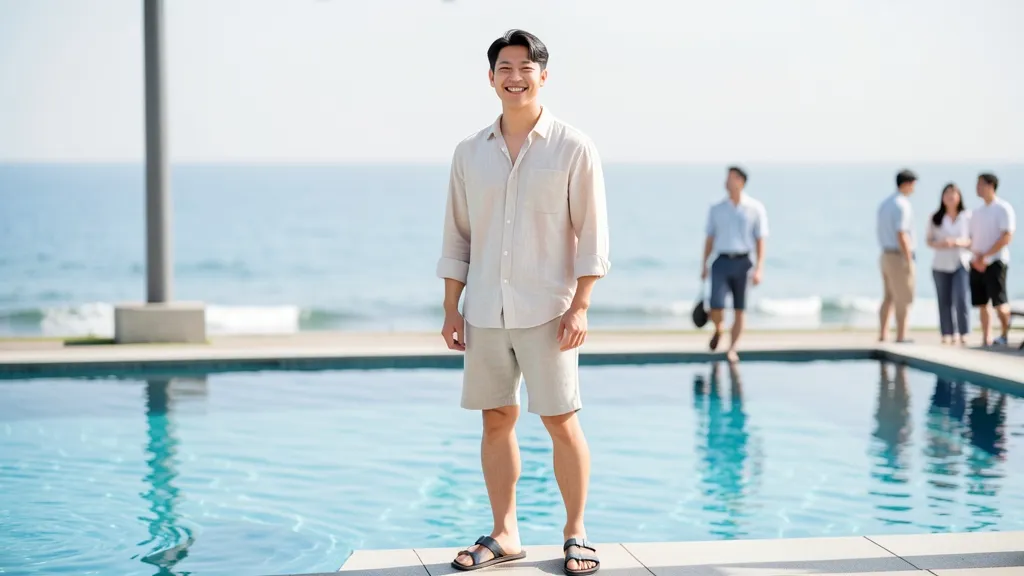 여수 바다가 보이는 야외 수영장 앞에 서 있는 한국인 남성의 모습.