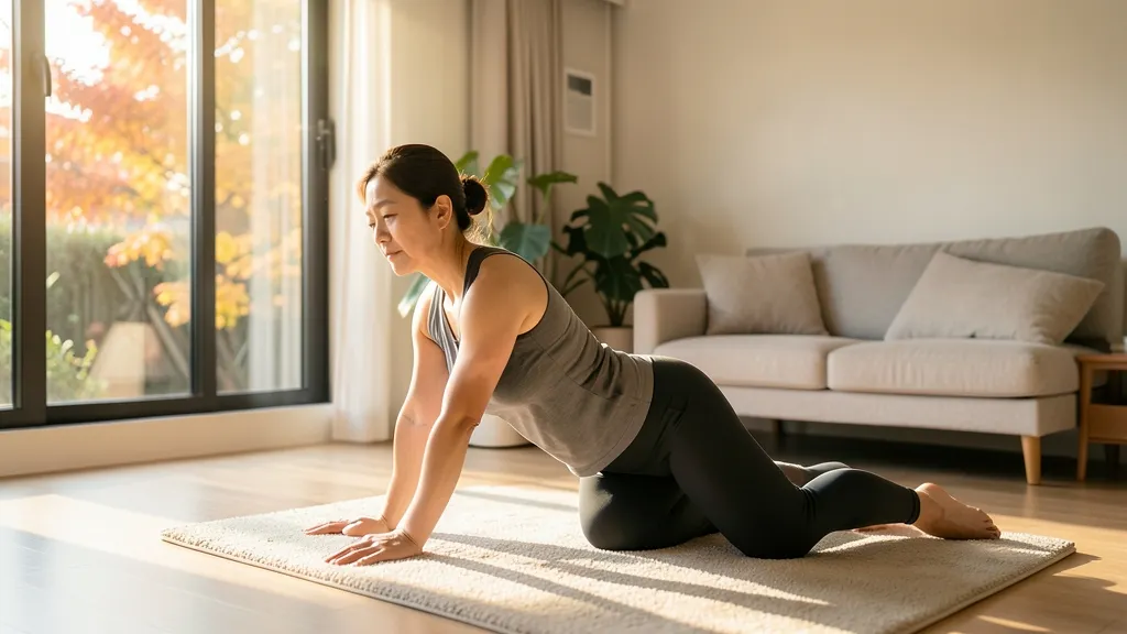 가을 햇살이 드는 거실 매트 위에서 천천히 허리 스트레칭을 하는 40대 여성
