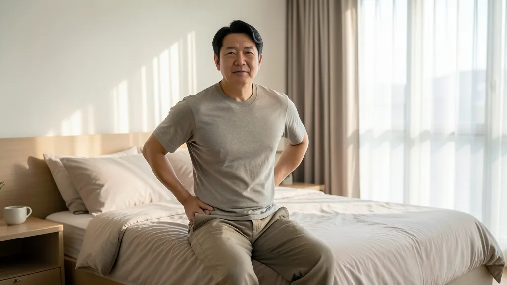 아침 햇살이 드는 침실에서 침대 끝에 앉아 두 손으로 허리를 짚고 있는 40대 남성