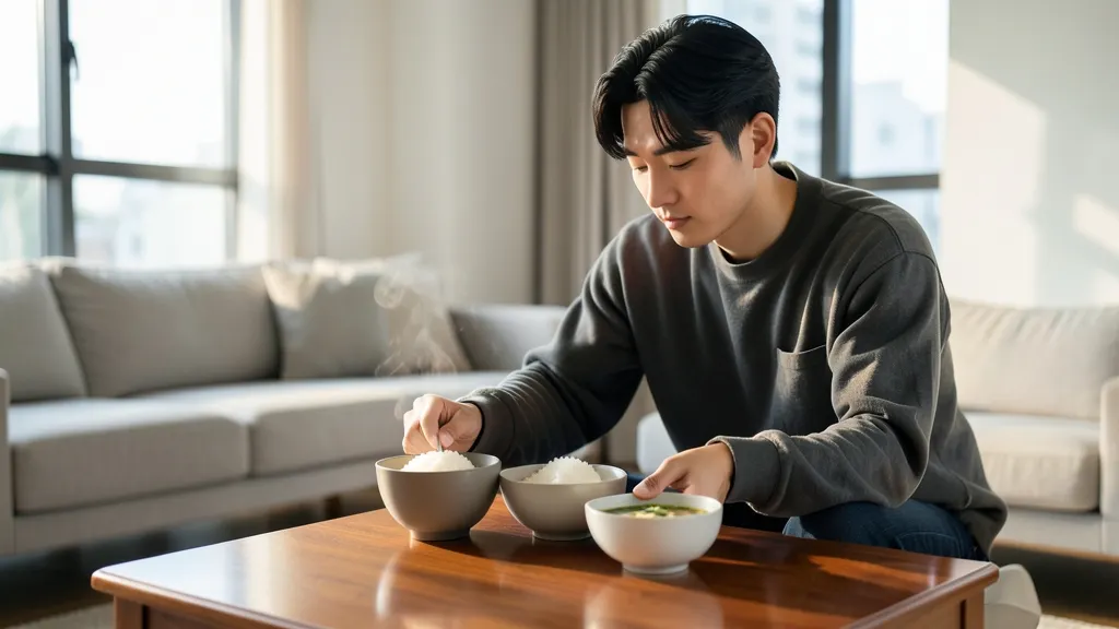 제사상에 음식을 놓는 과정을 보여주는 실내 촬영풍의 생성 이미지.