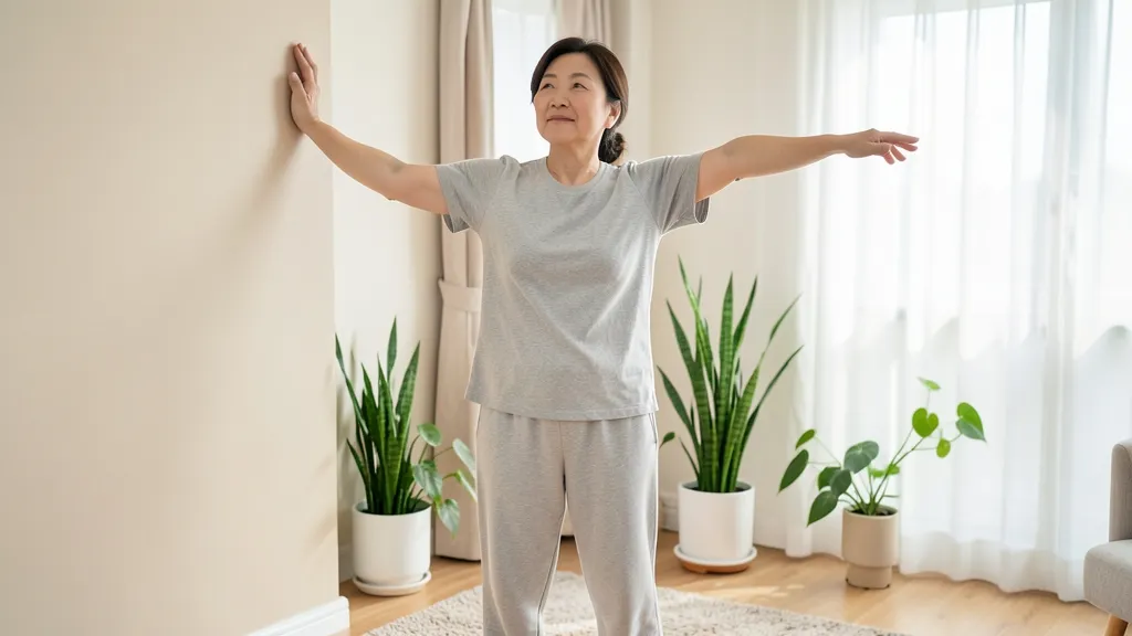 밝은 거실에서 벽에 손을 대고 천천히 어깨를 펴는 50대 여성