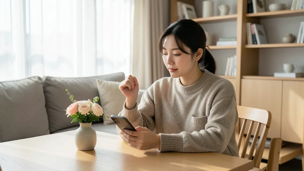 거실 탁자에서 스마트폰을 쥔 채 손목을 만지는 30대 한국 여성