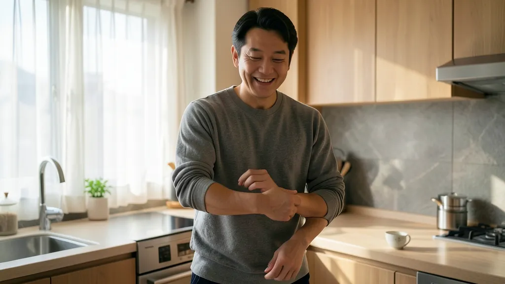 주방에서 손목을 가볍게 풀어 주는 40대 한국 남성