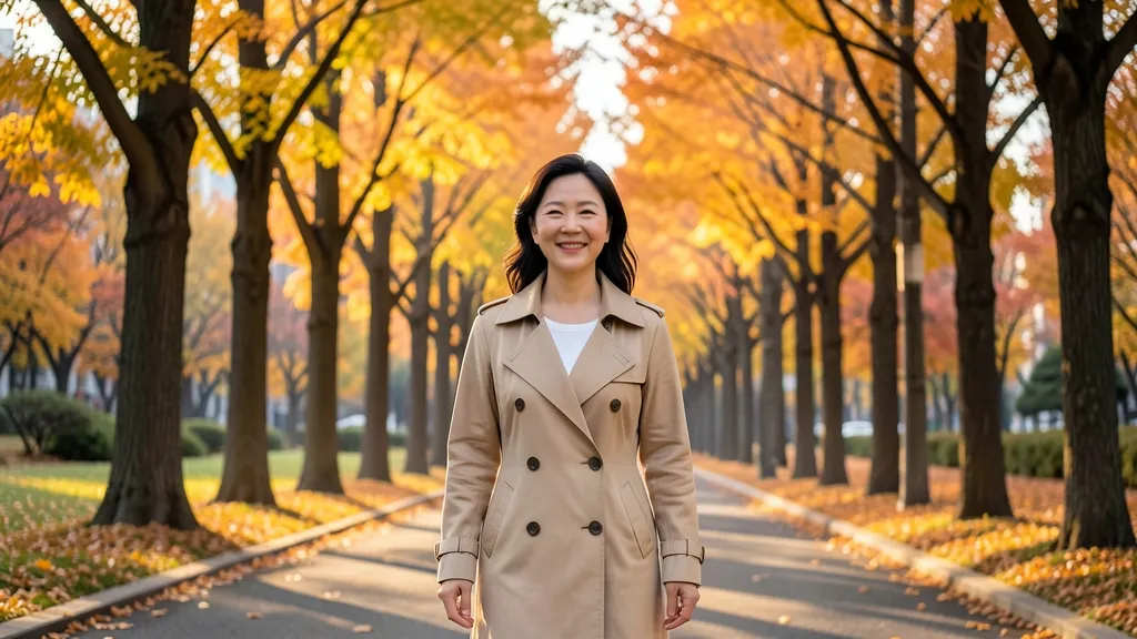 단풍이 든 가로수길을 편안한 표정으로 걷는 40대 여성