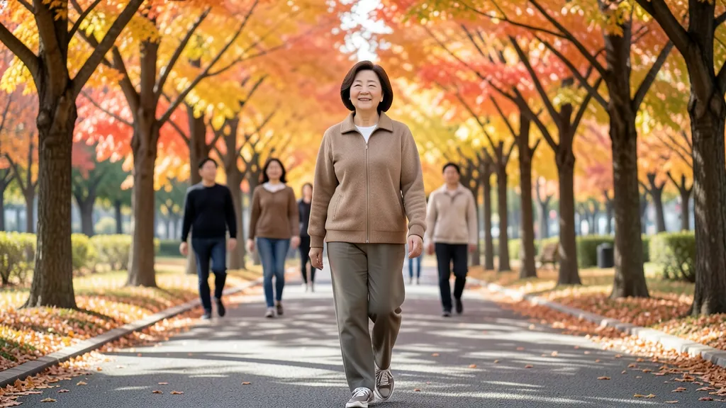 가을 공원 길을 편한 신발로 걷는 50대 여성