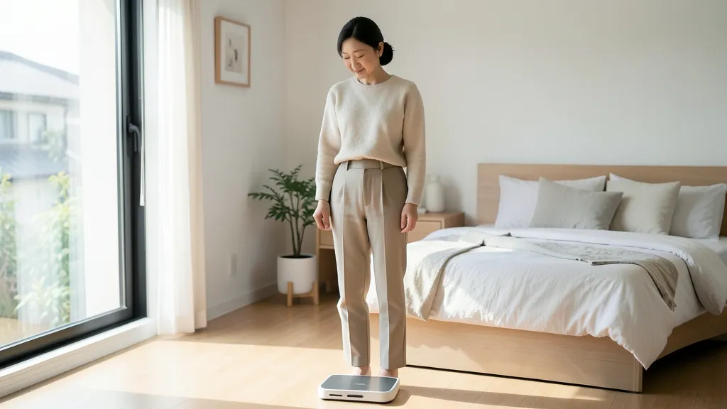 밝은 침실에서 체중계 위에 서서 아래를 내려다보는 40대 여성